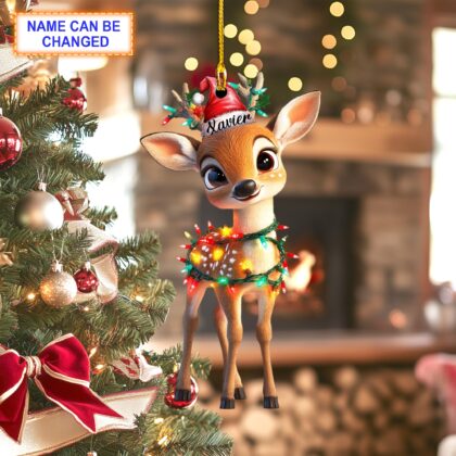 Custom Name Deer with Santa Hat Christmas Lights Ornament