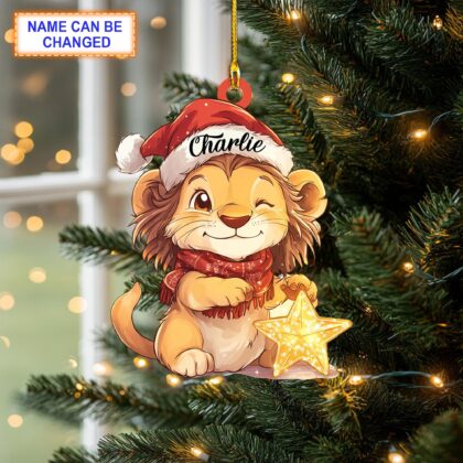 Custom Name Lion Smiling with Santa Hat and Big Star Christmas Ornament