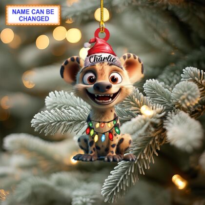 Custom Name Hyena with Santa Hat Christmas Lights Ornament