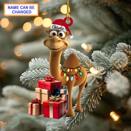 Custom Name Camelwith Santa Hat and Christmas Giftboxs Ornament