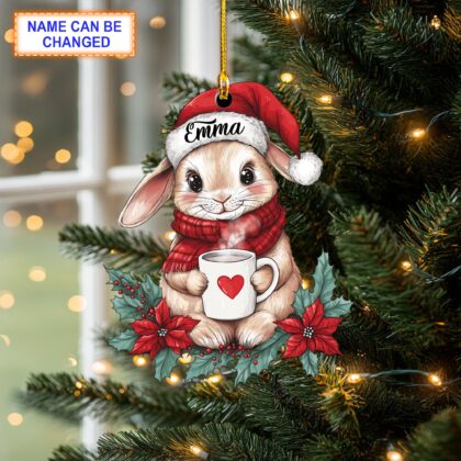 Custom Name Cute Rabbit Smiling with Mistletoe Personalized Ornament