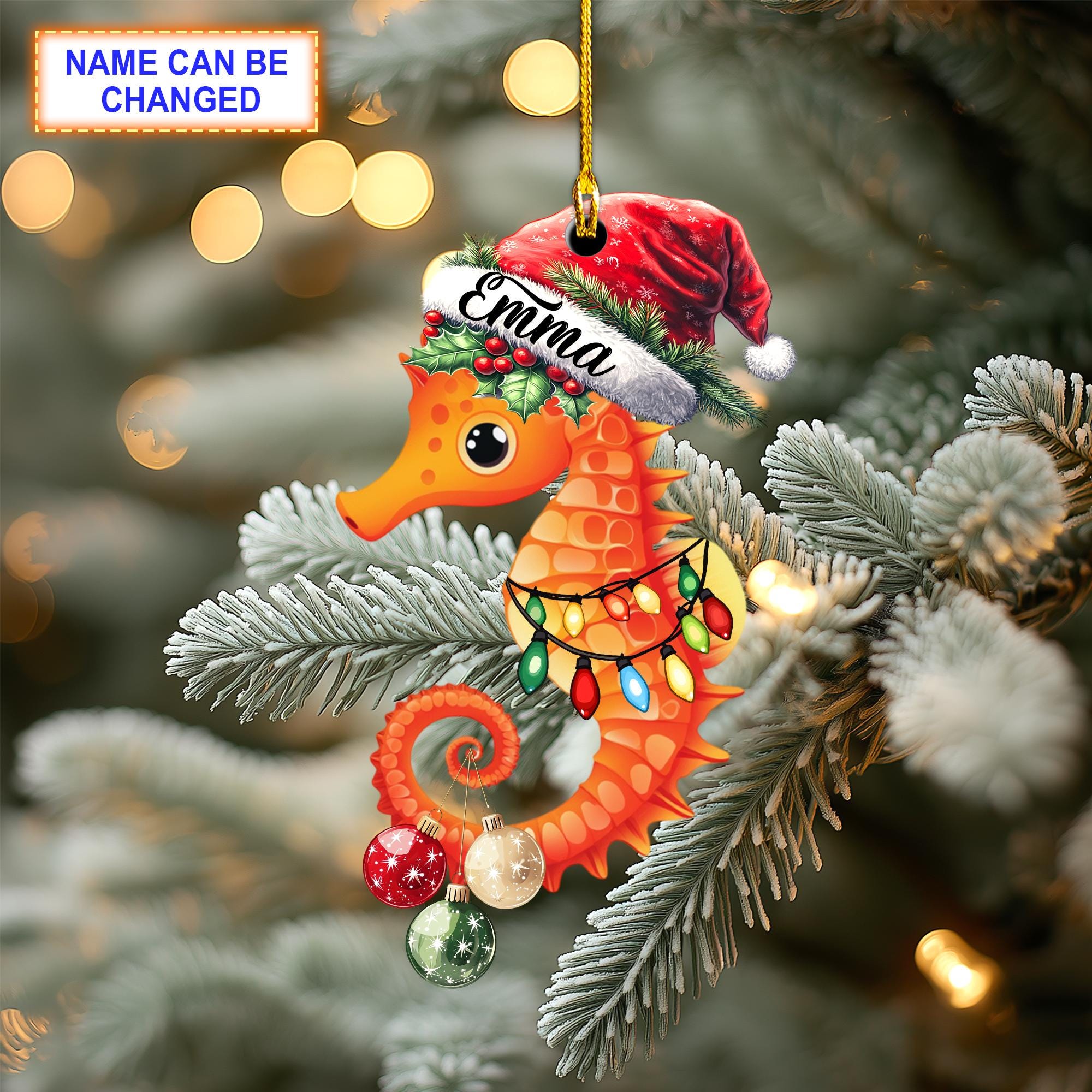 Custom Name Seahorse with Santa Hat and Christmas Lights Ornament