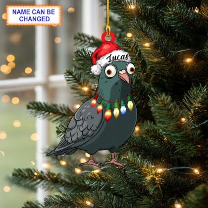 Custom Name Pigeon Bird With Santa Hat and Christmas Lights Ornament