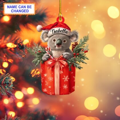 Koala With Santa Hat Inside A Giftbox Personalized Ornament