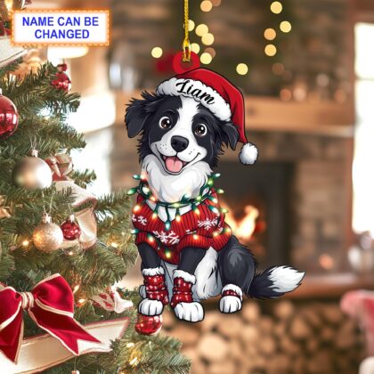Custom Name Border Collie Cute Dog With Santa Hat Christmas Lights Ornament