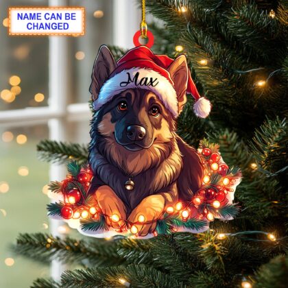 Custom Name German Shepherd Cute Dog With Santa Hat Christmas Lights Ornament