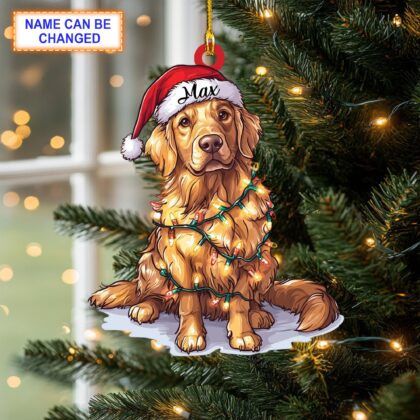 Custom Name Golden Retriever Cute Dog With Santa Hat Christmas Lights Ornament