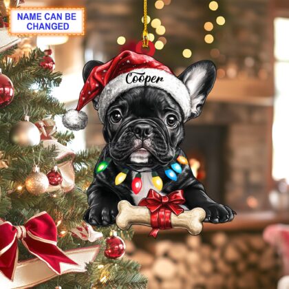 Custom Name French Bulldog Cute Dog With Santa Hat Christmas Bone Ornament