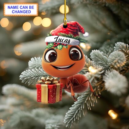 Custom Name Cute Happy Ant With Santa Hat and A Gift Box Ornament