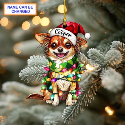 Custom Name Chihuahua Cute Dog With Santa Hat Christmas Lights Ornament