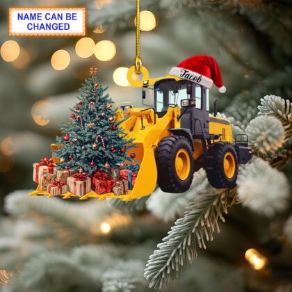 Custom Name Wheel Loader With Santa Hat and Christmas Giftbox Ornament
