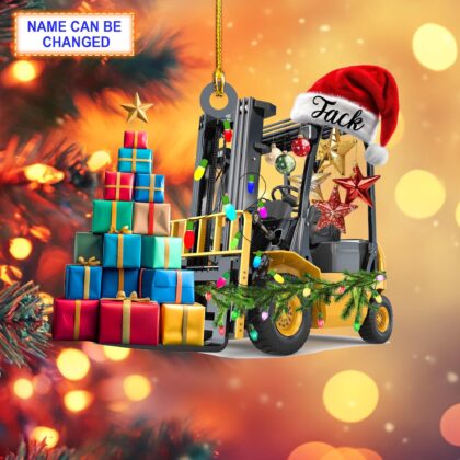 Custom Name Forklift With Santa Hat and Christmas Giftbox Ornament