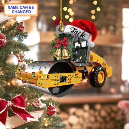 Custom Name Road Roller With Santa Hat and Christmas Lights Ornament