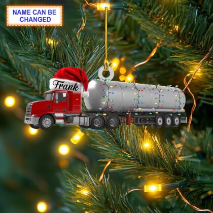 Custom Name Oil Tanker Truck With Santa Hat and Christmas Lights Ornament