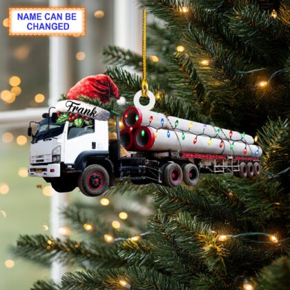 Custom Name Pile Carrier Truck With Santa Hat and Christmas Lights Ornament