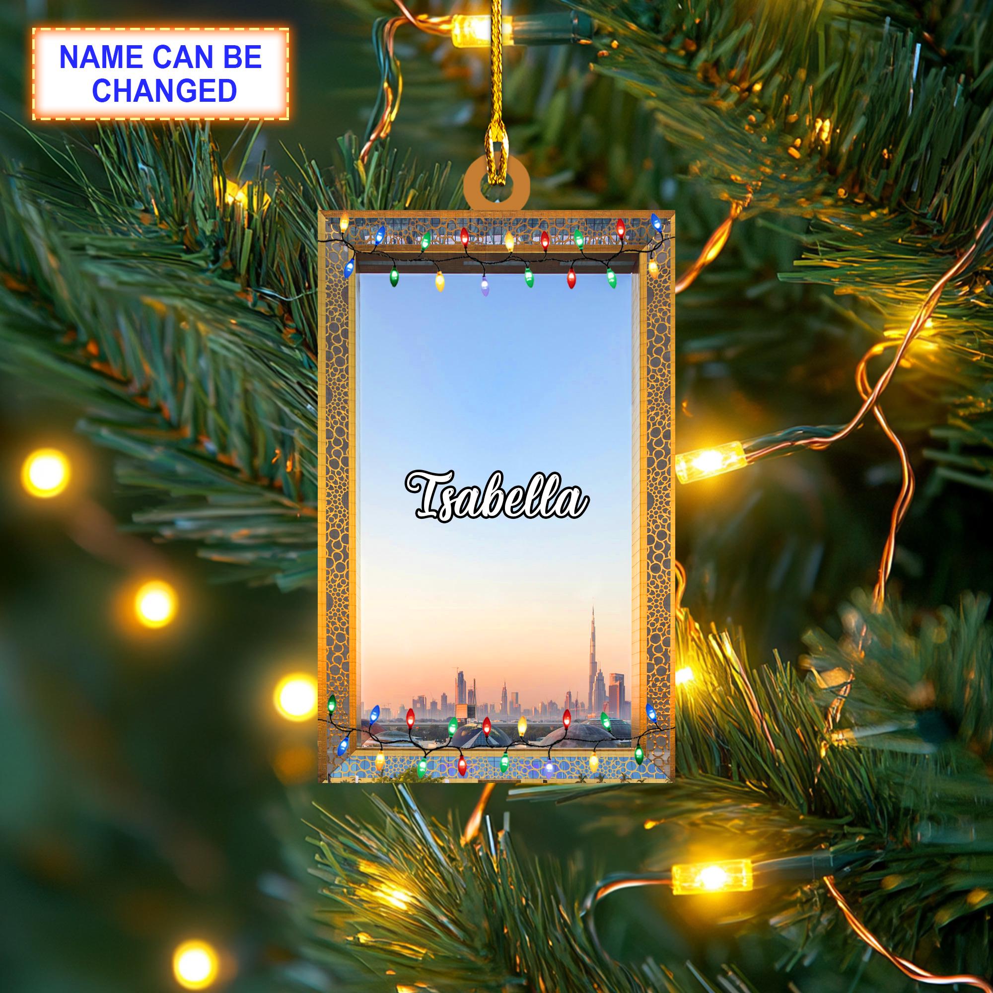 Custom Name Dubai Frame With Christmas Lights Personalized Ornament