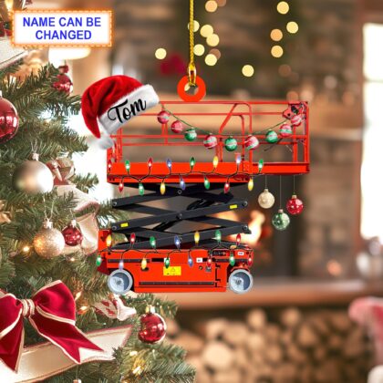 Custom Name Scissor Lift With Santa Hat and Christmas Lights Ornament