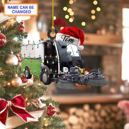 Custom Name Street Sweeper Truck With Santa Hat and Christmas Lights Ornament