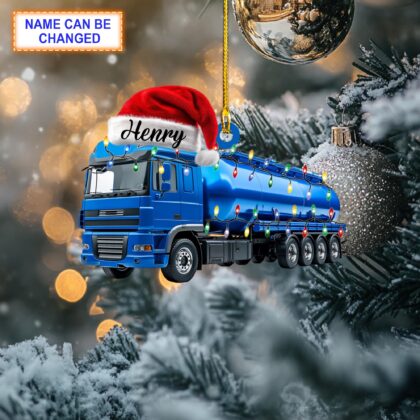 Custom Name Gas Tanker Truck With Santa Hat and Christmas Lights Ornament