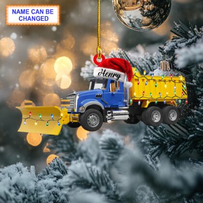 Custom Name Snow Plow Truck With Santa Hat and Christmas Lights Ornament