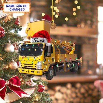 Custom Name Aerial Work Truck With Santa Hat Christmas Lights Ornament