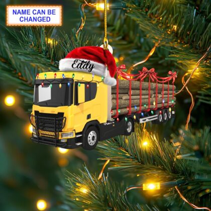 Custom Name Timber Truck With Santa Hat and Christmas Lights Ornament