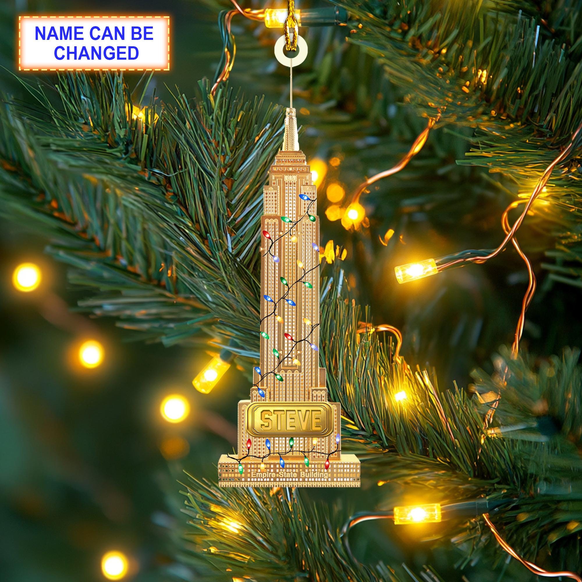 Custom Name Empire State Building With Christmas Lights Ornament