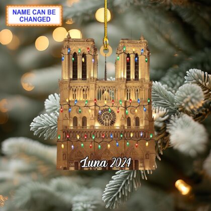 Custom Name Notre-Dame Cathedral With Christmas Lights Personalized Ornament