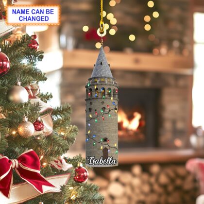 Custom Name Galata Tower With Christmas Lights Personalized Ornament