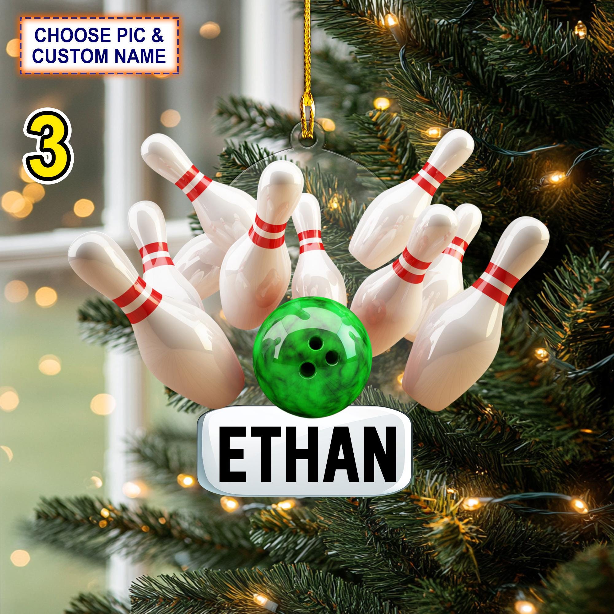 Custom Name Bowling Strike Personalized Ornament – Christmas Tree Hanging Decor - Image 3