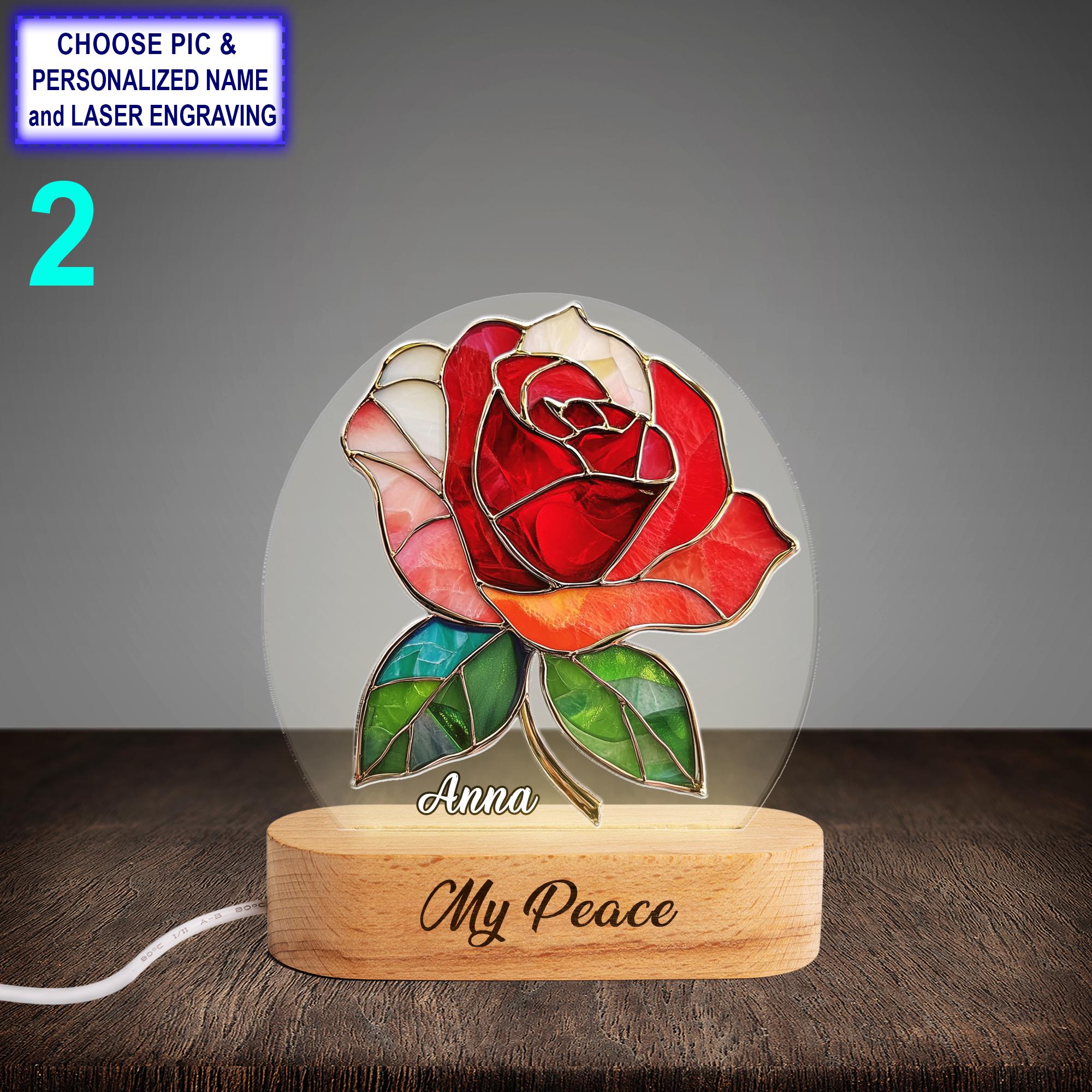 Personalized Beautiful Rose Acrylic Night Light with Name Engraving - Image 2