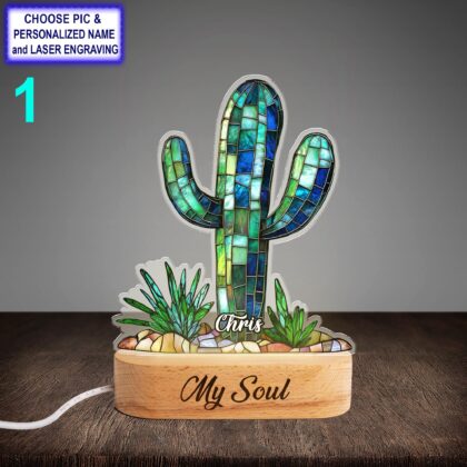 Personalized Cactus Plant Acrylic Night Light with Name Engraving