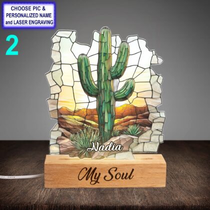 Alternative view of Personalized Cactus Plant Acrylic Night Light with Name Engraving
