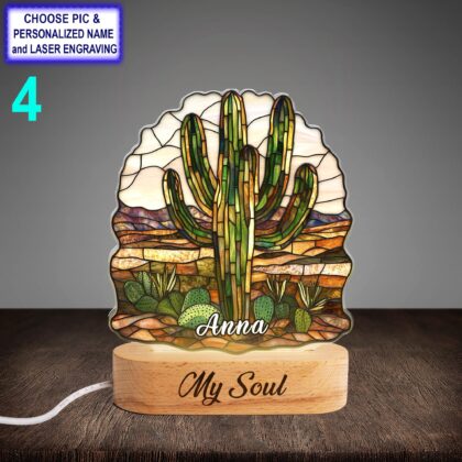 Personalized Cactus Plant Acrylic Night Light with Name Engraving - Image 4