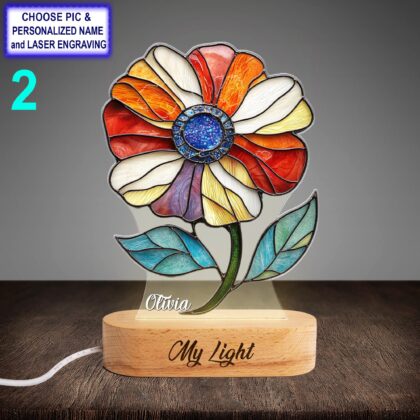 Alternative view of Personalized Cosmos Flower Acrylic Night Light with Name Engraving