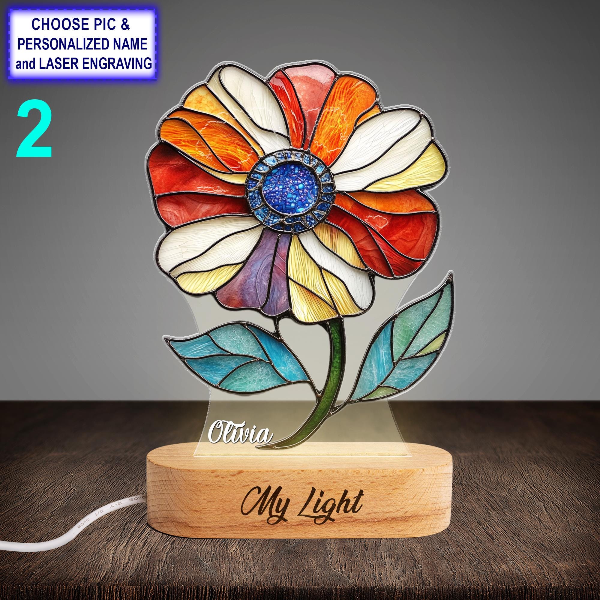 Personalized Cosmos Flower Acrylic Night Light with Name Engraving - Image 2