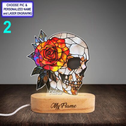 Alternative view of Personalized Skull And rose Acrylic Night Light with Name Engraving