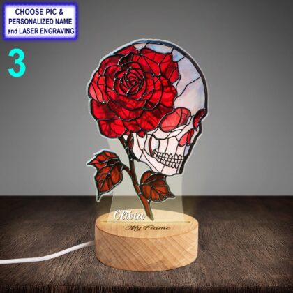 Personalized Skull And rose Acrylic Night Light with Name Engraving - Image 3