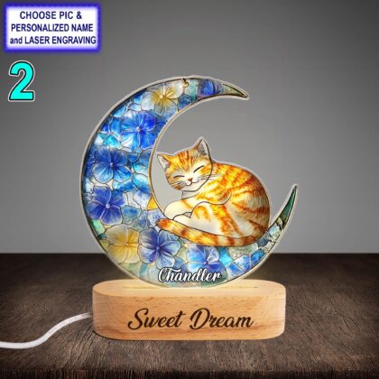 Alternative view of Personalized Sleeping Cat on Moon Acrylic Night Light with Name Engraving