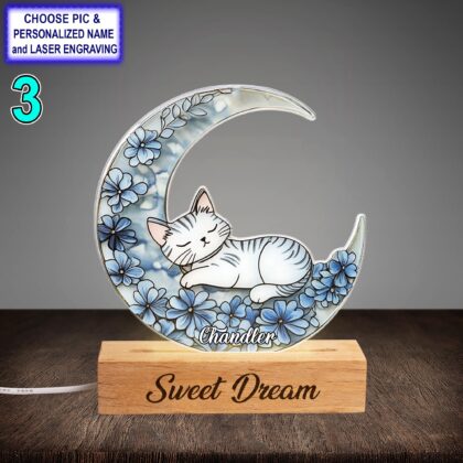 Personalized Sleeping Cat on Moon Acrylic Night Light with Name Engraving - Image 3