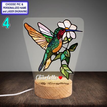 Personalized Hummingbird With Flower Acrylic Night Light with Name Engraving - Image 4