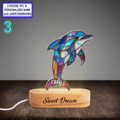 Personalized Colorful Dolphin Acrylic Night Light with Name Engraving - Image 3