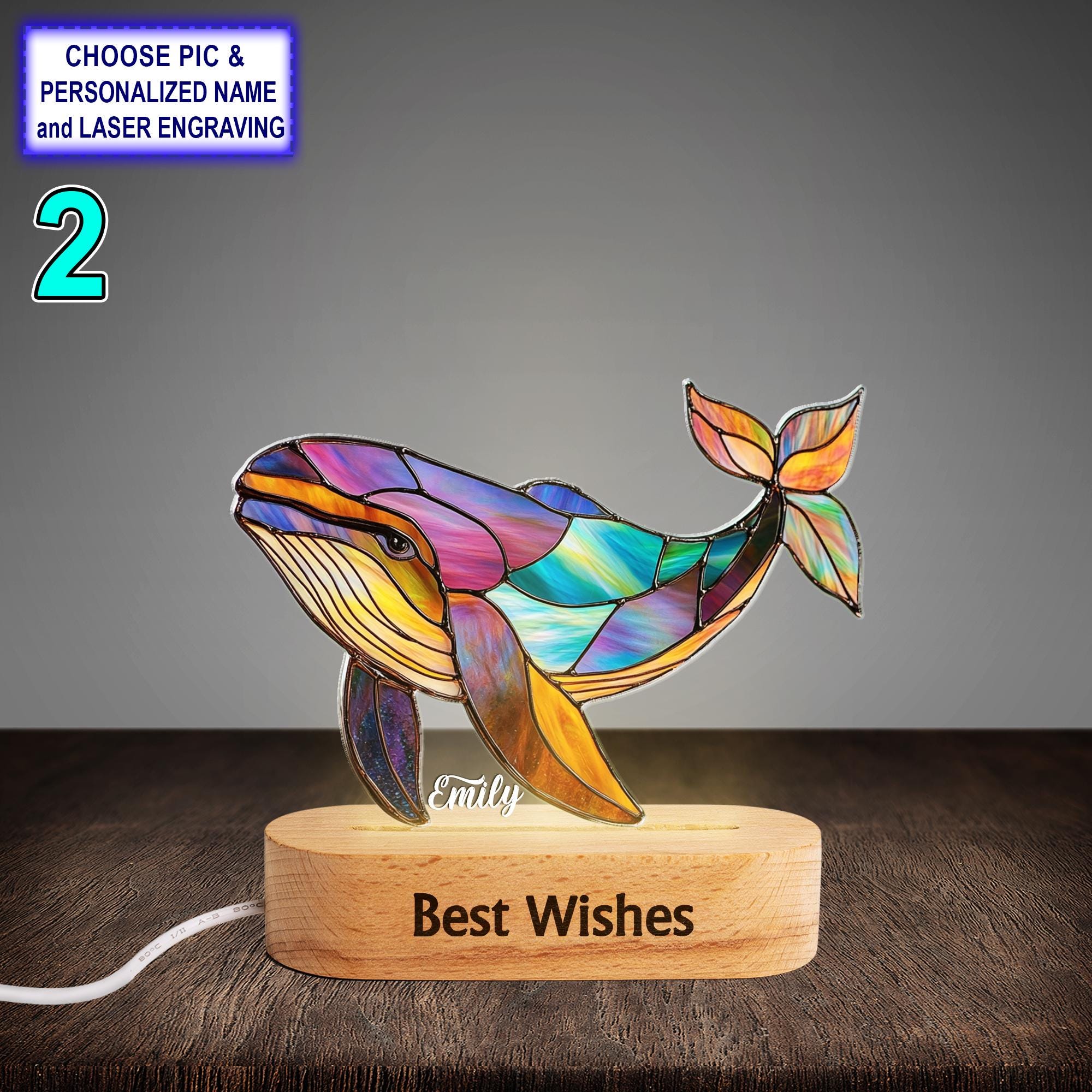 Personalized Colorful Whale Acrylic Night Light with Name Engraving - Image 2