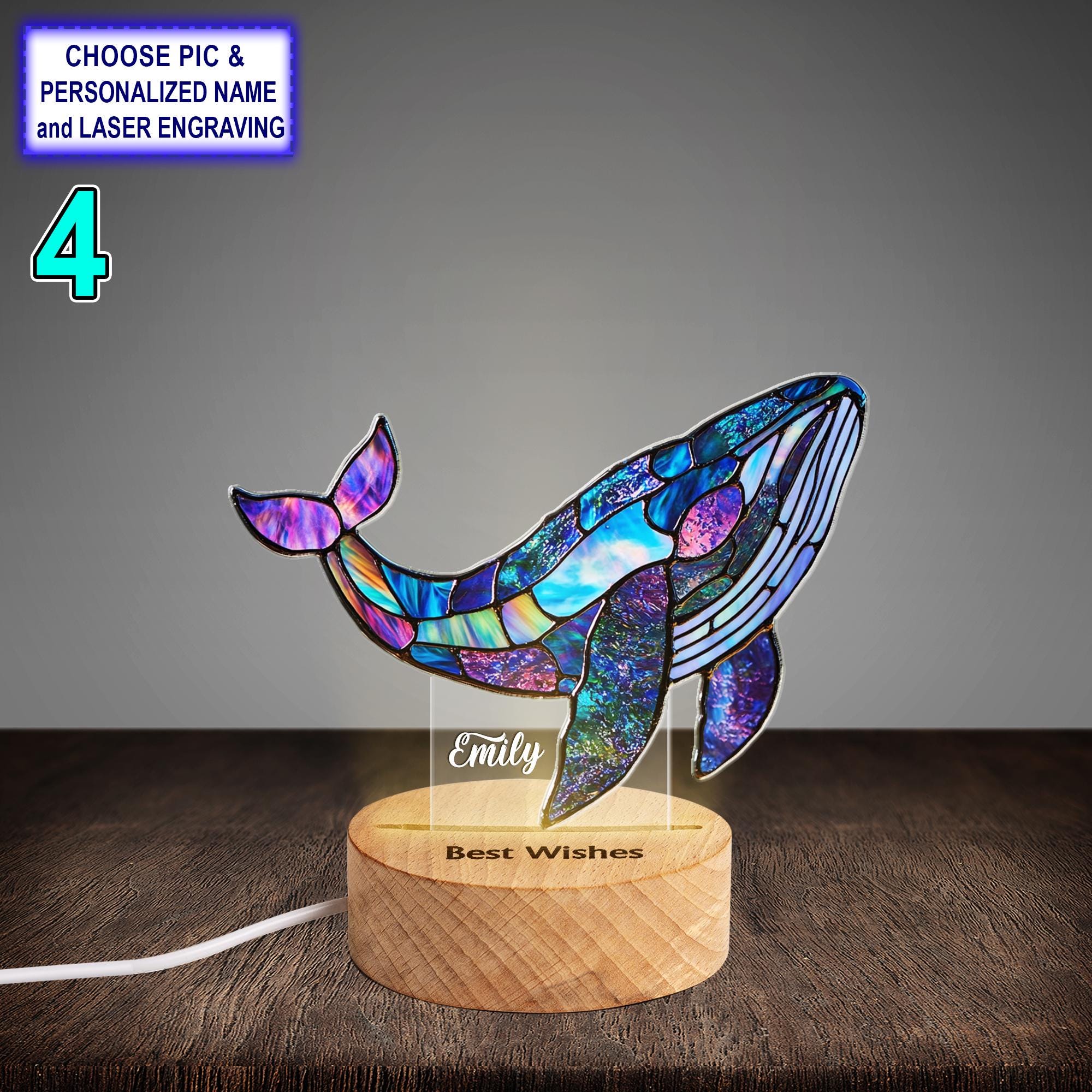 Personalized Colorful Whale Acrylic Night Light with Name Engraving - Image 4