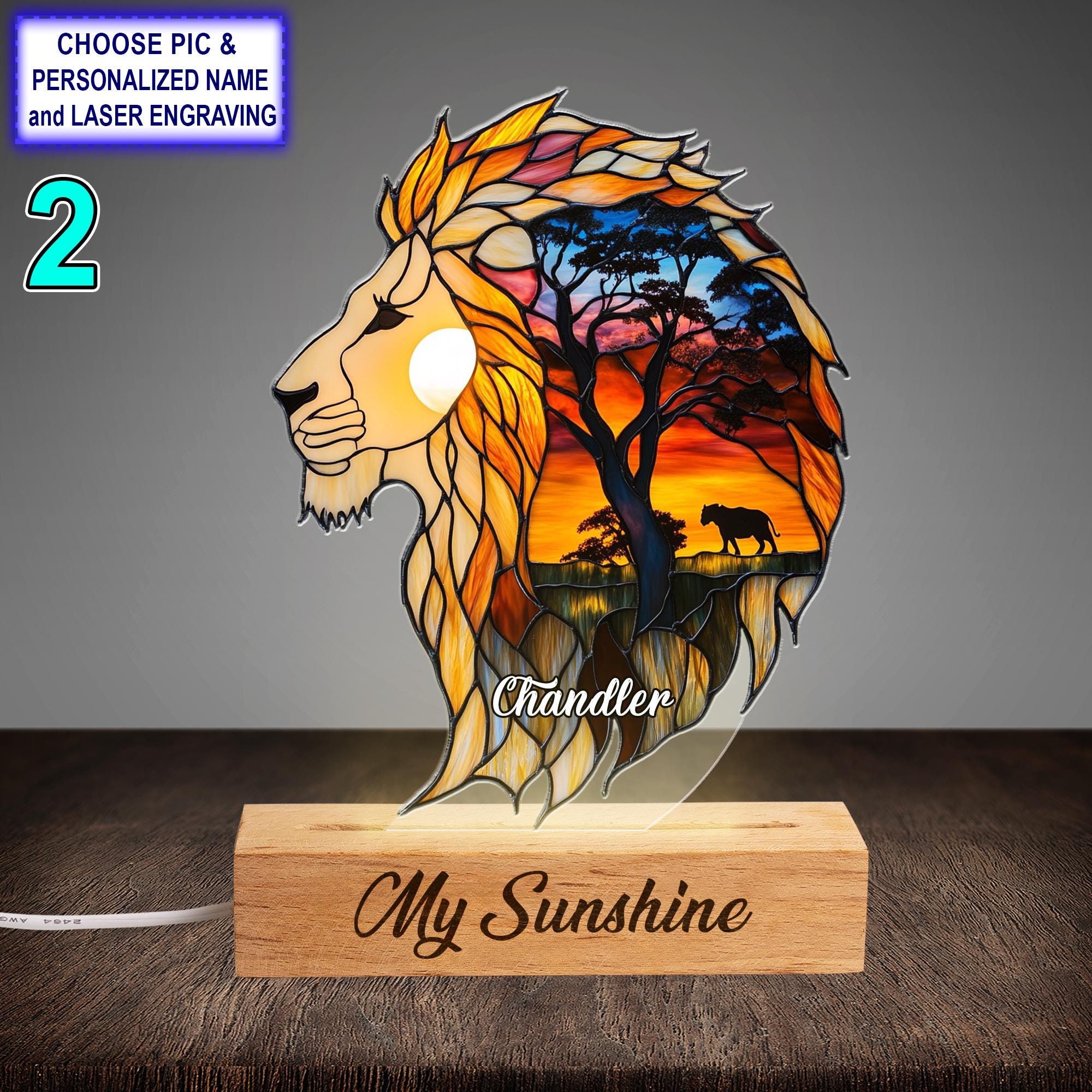 Personalized Colorful Lion Acrylic Night Light with Name Engraving - Image 2