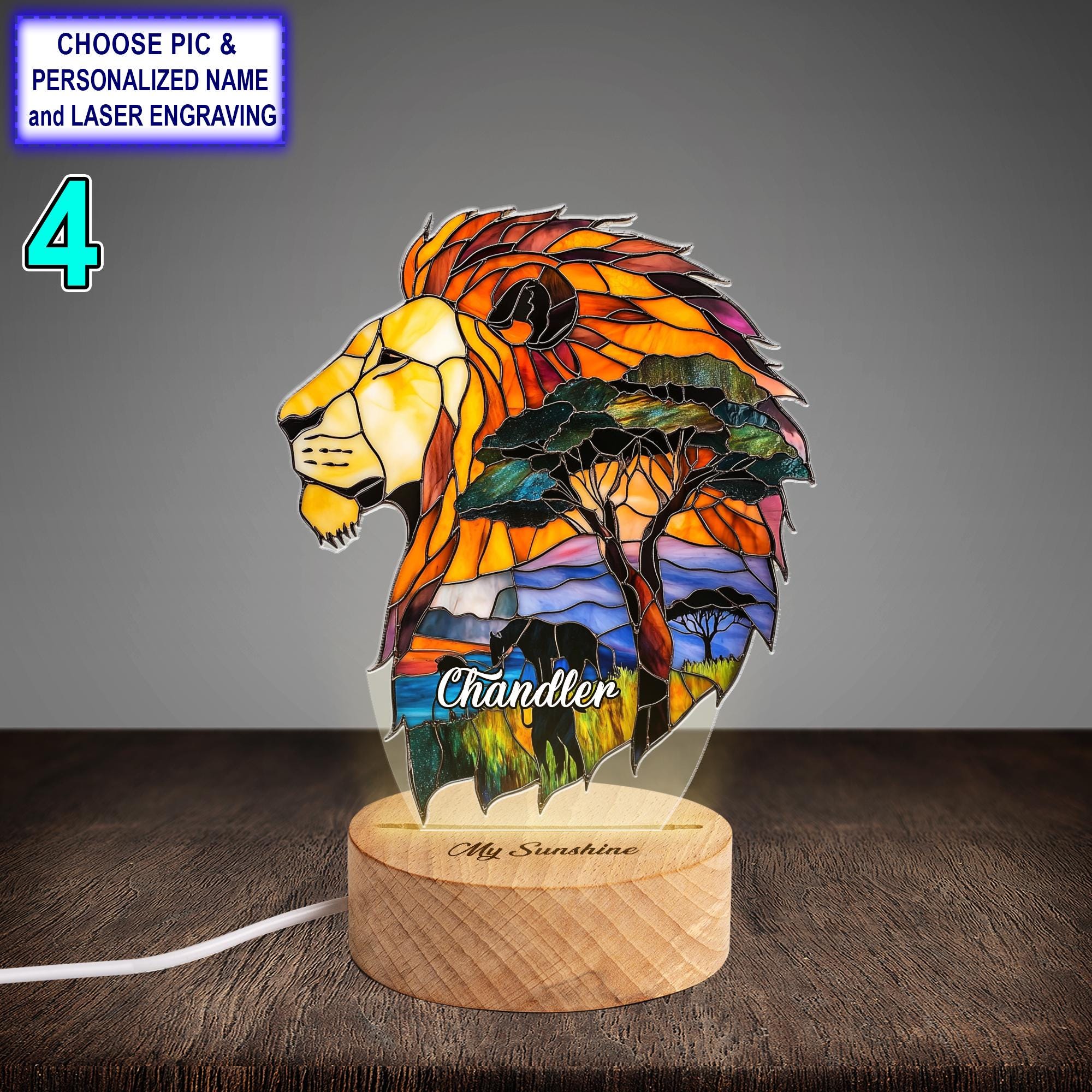 Personalized Colorful Lion Acrylic Night Light with Name Engraving - Image 4