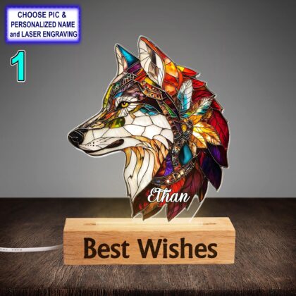 Personalized Colorful Wolf Acrylic Night Light with Name Engraving