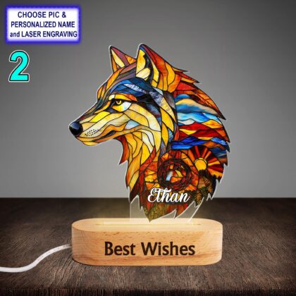 Alternative view of Personalized Colorful Wolf Acrylic Night Light with Name Engraving