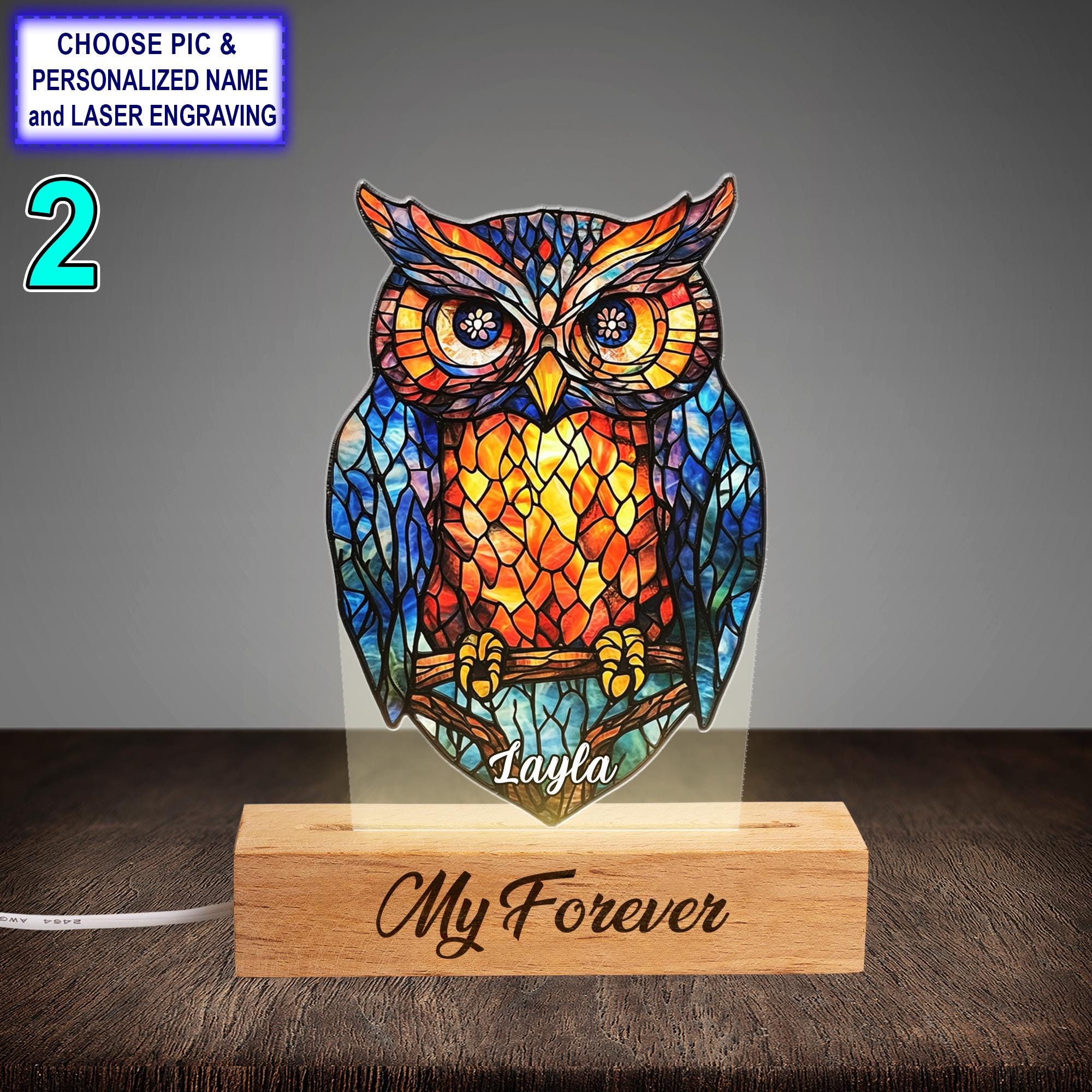 Personalized Colorful Owl Acrylic Night Light with Name Engraving - Image 2
