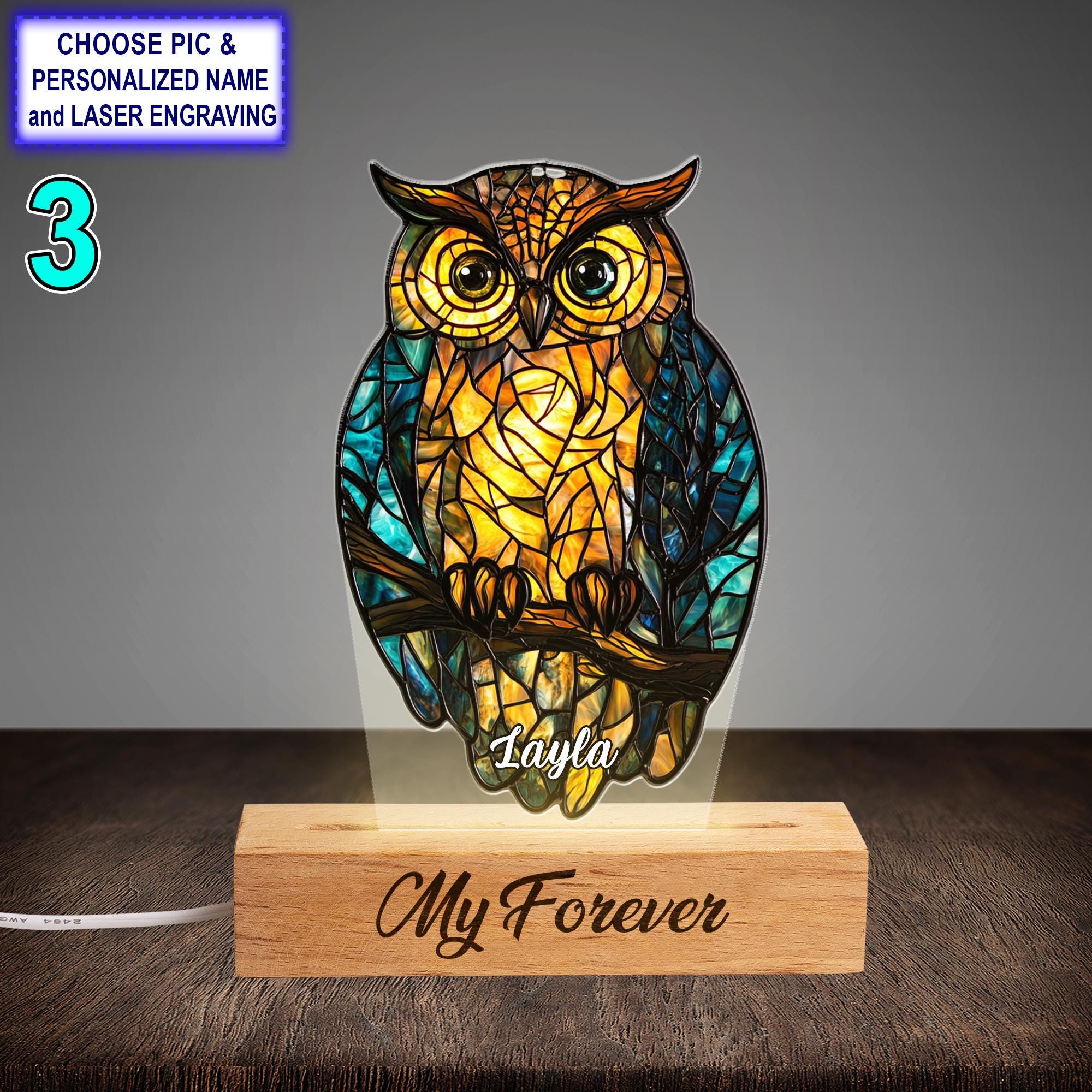 Personalized Colorful Owl Acrylic Night Light with Name Engraving - Image 3